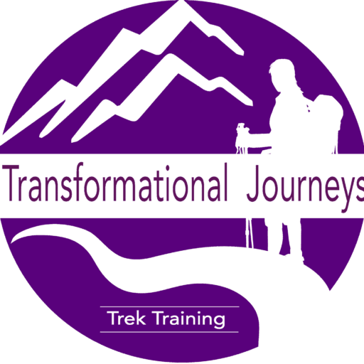 Logo of Transformational Journeys with mountains and a hiker.